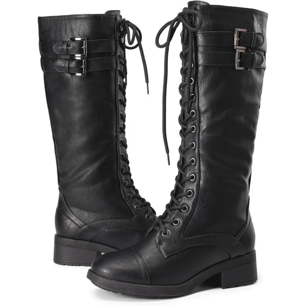 Women's Polyurethane Pu Georgia-Black Double buckle Knee High Riding Combat Boot